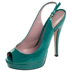 Gucci Teal Patent Leather Sofia Platform Peep Toe Slingback Sandals Size 36