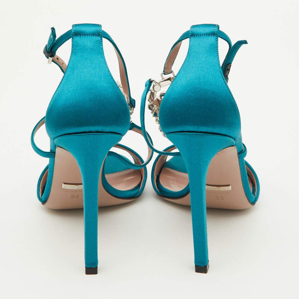 Gucci Teal Satin Crystal Embellished Interlocking G Ankle Strap Sandals Size 36 In Excellent Condition For Sale In Dubai, Al Qouz 2