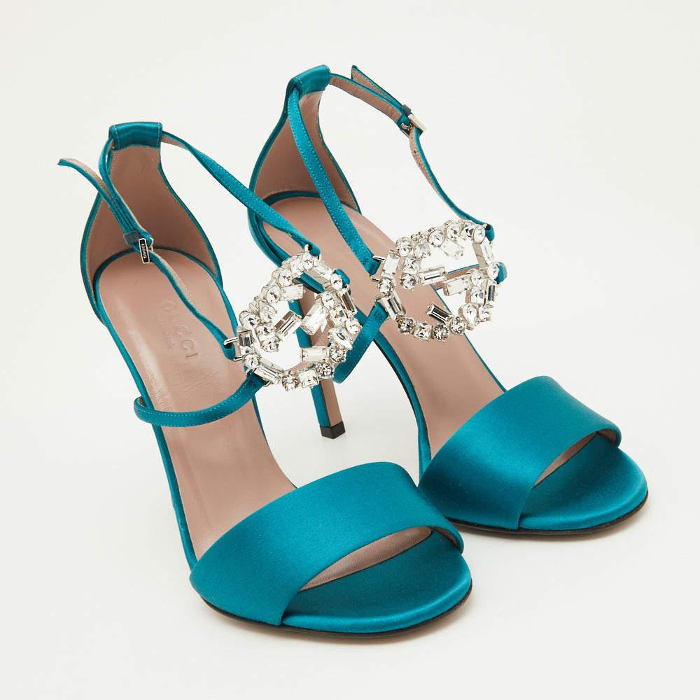 Gucci Teal Satin Crystal Embellished Interlocking G Ankle Strap Sandals Size 36 In New Condition For Sale In Dubai, Al Qouz 2