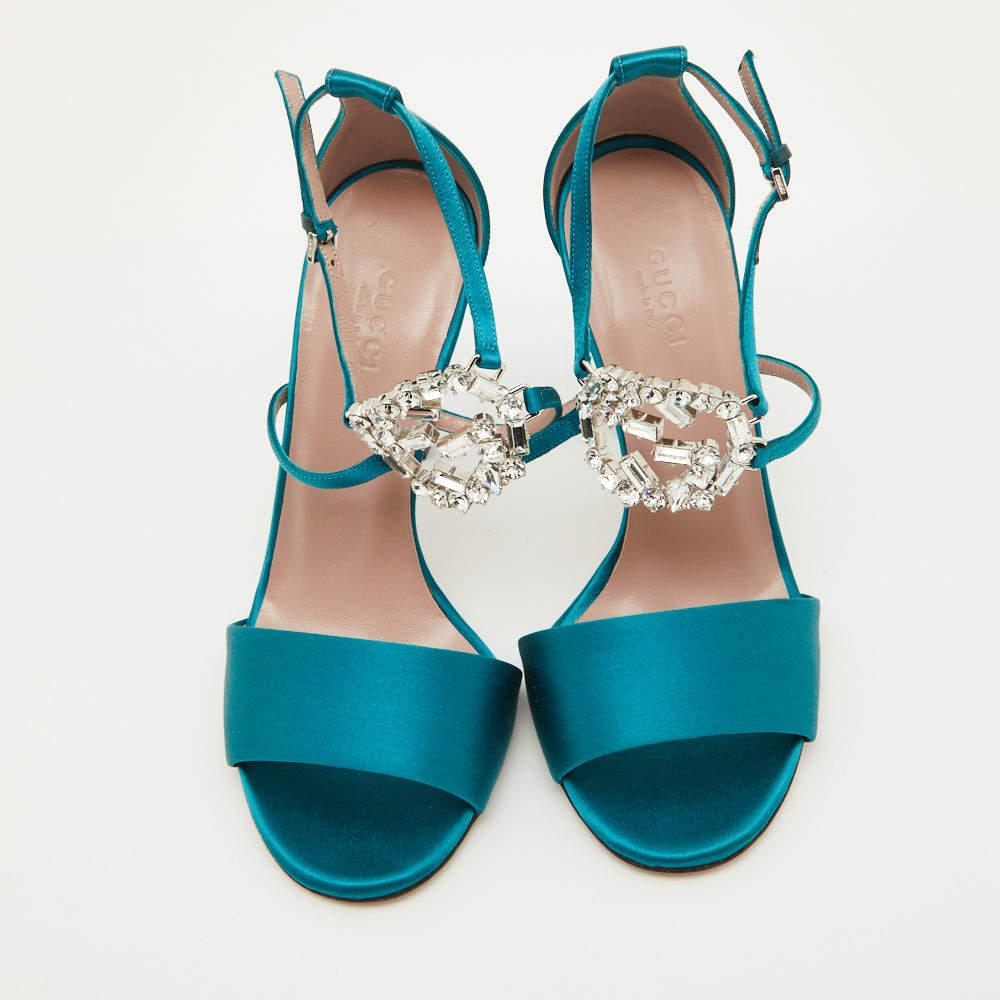 Women's Gucci Teal Satin Crystal Embellished Interlocking G Ankle Strap Sandals Size 36 For Sale