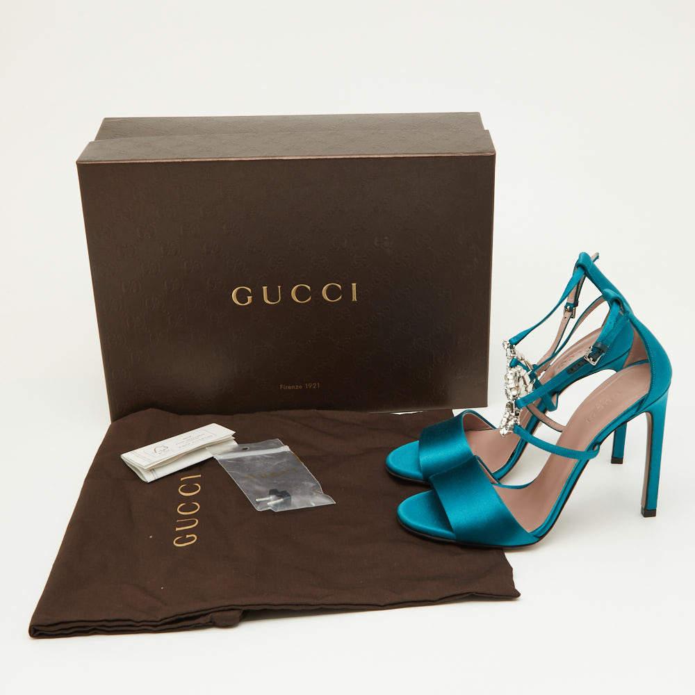 Gucci Teal Satin Crystal Embellished Interlocking G Ankle Strap Sandals Size 36 For Sale 2