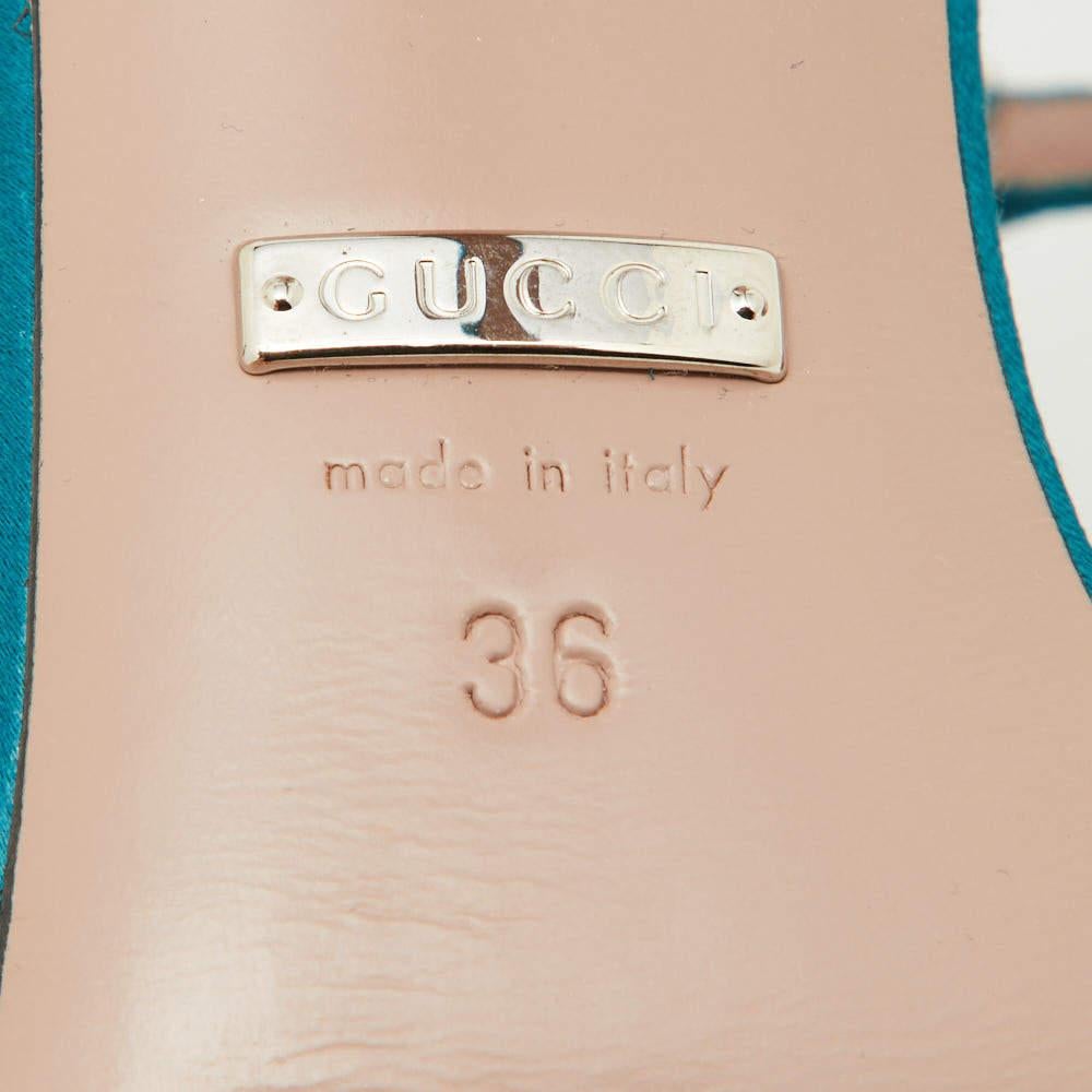 Gucci Teal Satin Crystal Embellished Interlocking G Ankle Strap Sandals Size 36 For Sale 2