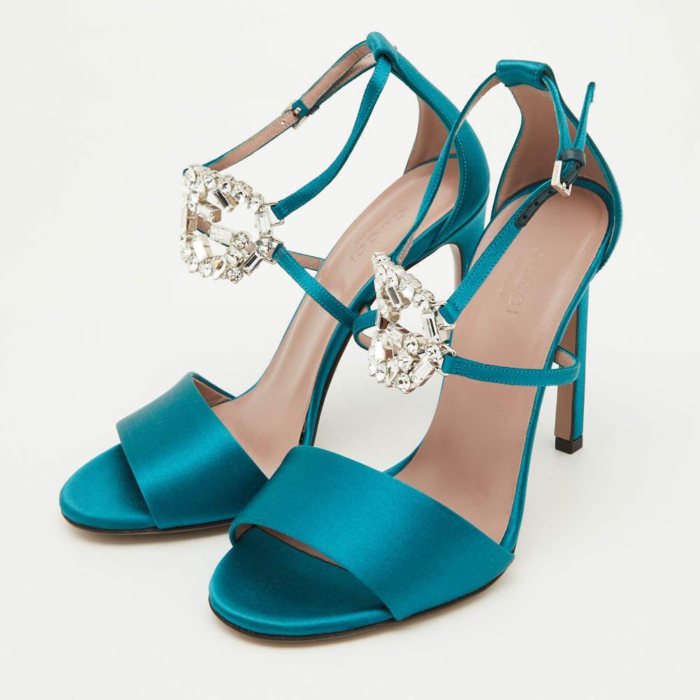 Gucci Teal Satin Crystal Embellished Interlocking G Ankle Strap Sandals Size 36 For Sale 3