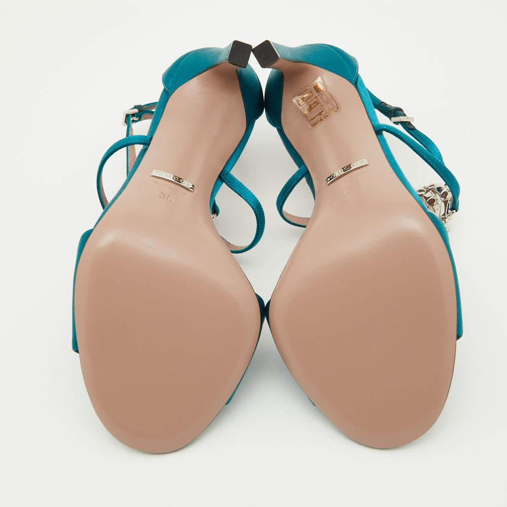 Gucci Teal Satin Crystal Embellished Interlocking G Ankle Strap Sandals Size 36 For Sale 4