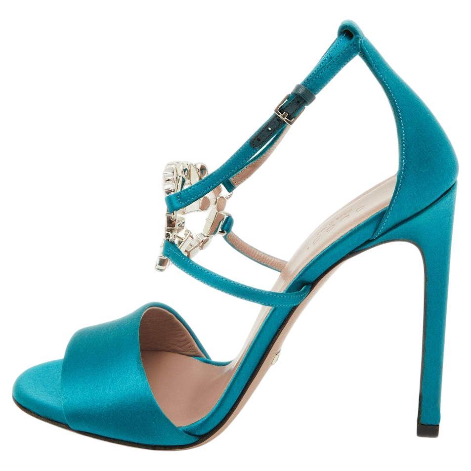 Gucci Teal Satin Crystal Embellished Interlocking G Ankle Strap Sandals Size 36 For Sale
