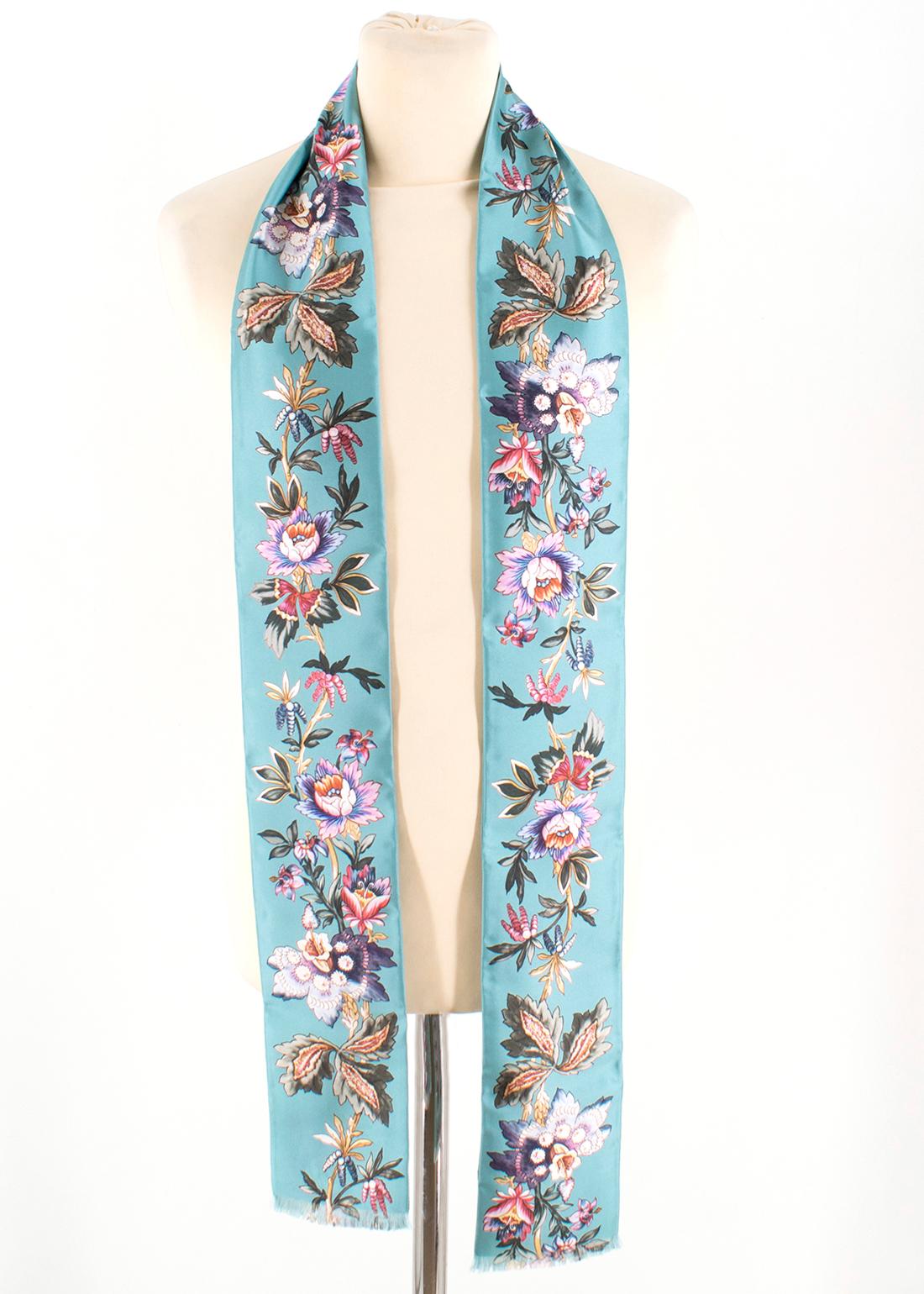 Blue Gucci Teal Silk Floral Twill Scarf	