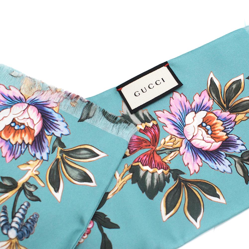 Gucci Teal Silk Floral Twill Scarf	 1