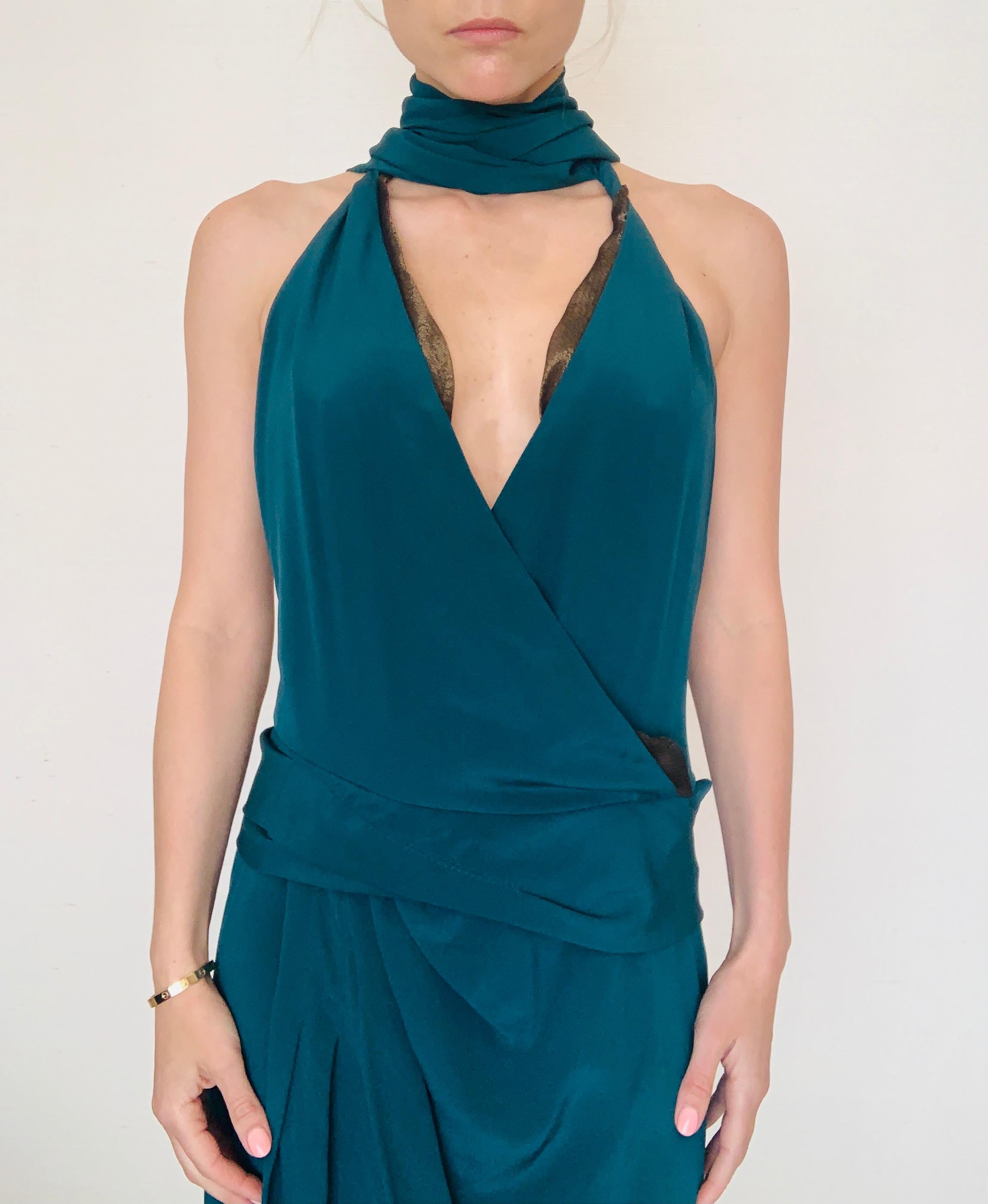 Gucci Teal, Silk Halter, Cocktail Dress  In Excellent Condition For Sale In Thousand Oaks, CA