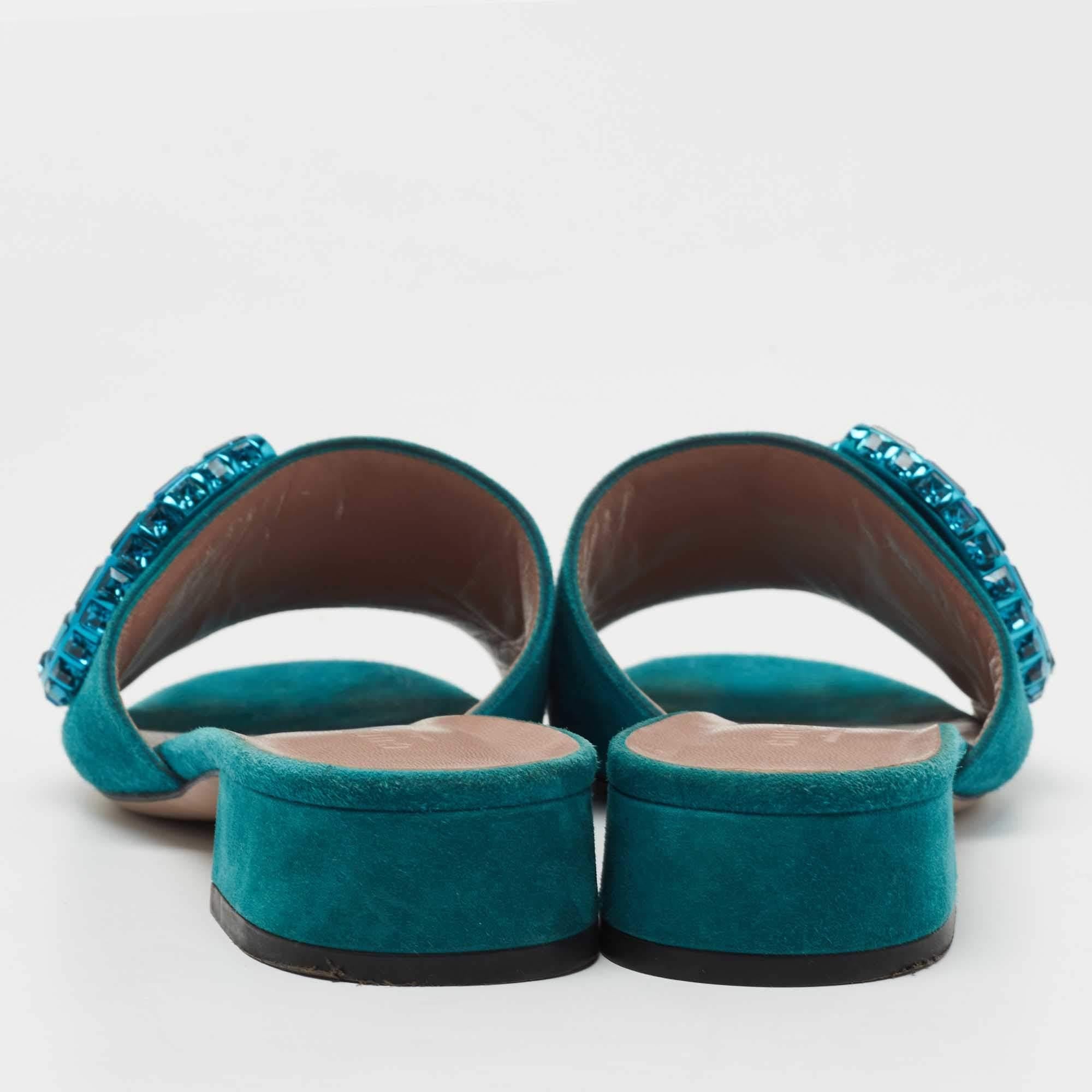 Women's Gucci Teal Suede Maxime Crystal Horsebit Slide Sandals Size 35