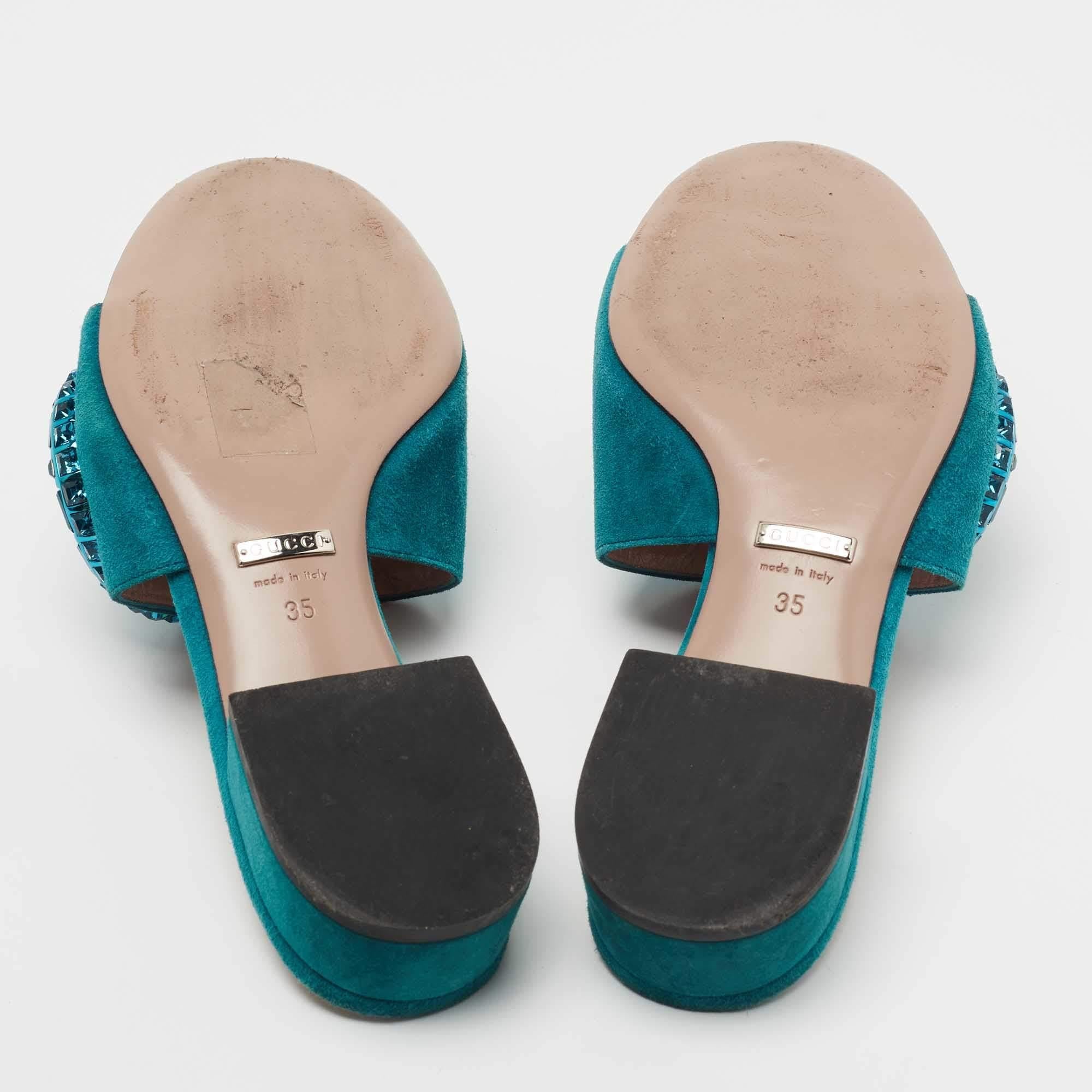 Gucci Teal Suede Maxime Crystal Horsebit Slide Sandals Size 35 2