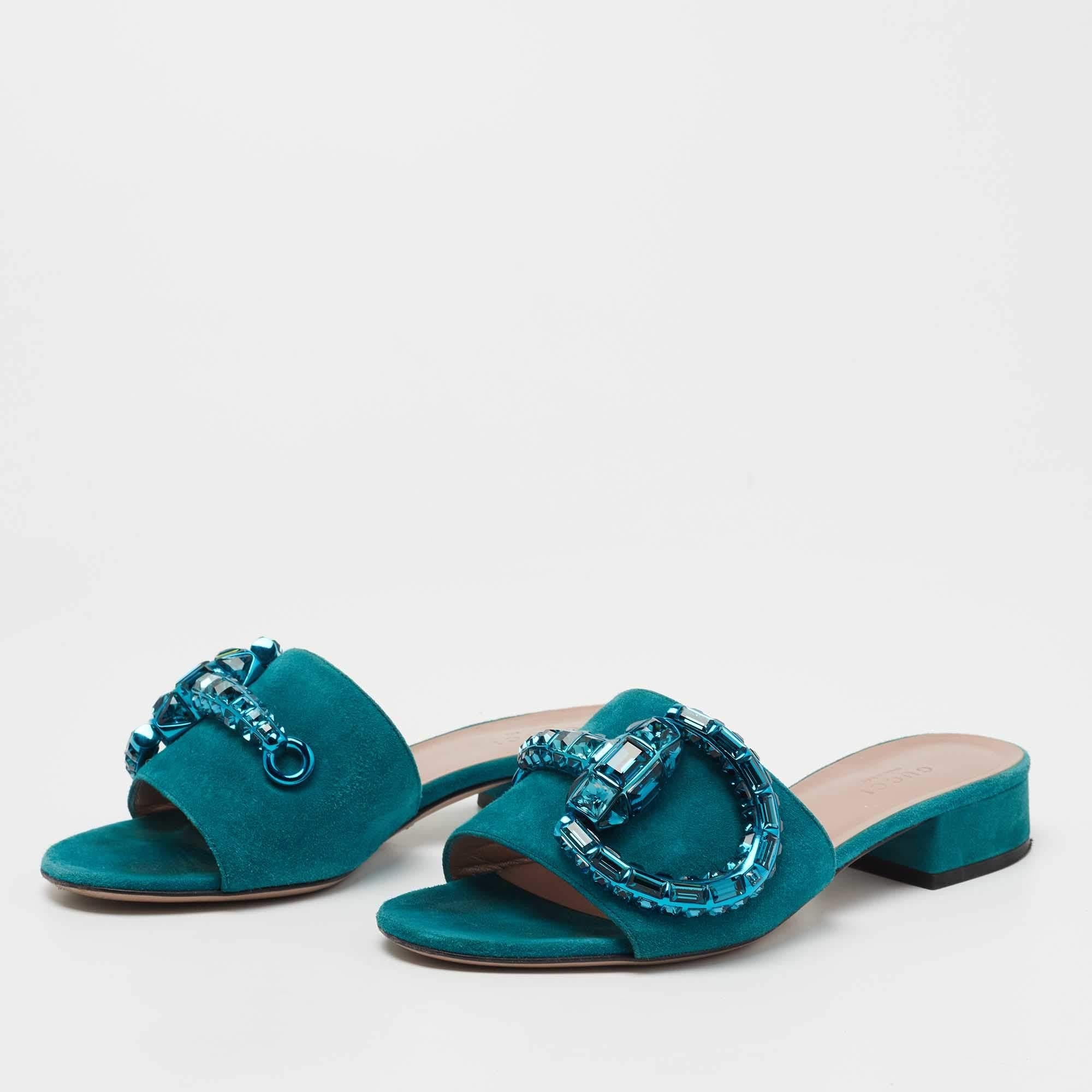 Gucci Teal Suede Maxime Crystal Horsebit Slide Sandals Size 35 3