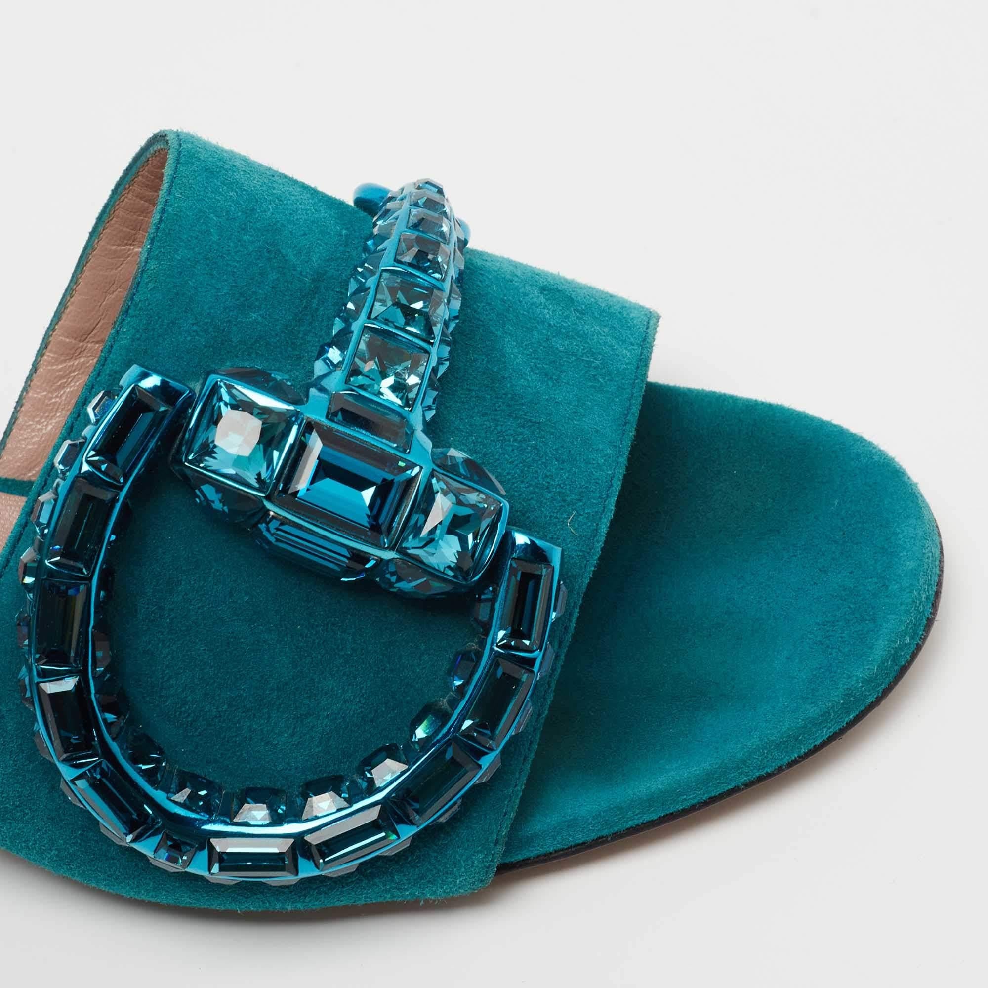 Gucci Teal Suede Maxime Crystal Horsebit Slide Sandals Size 35 4