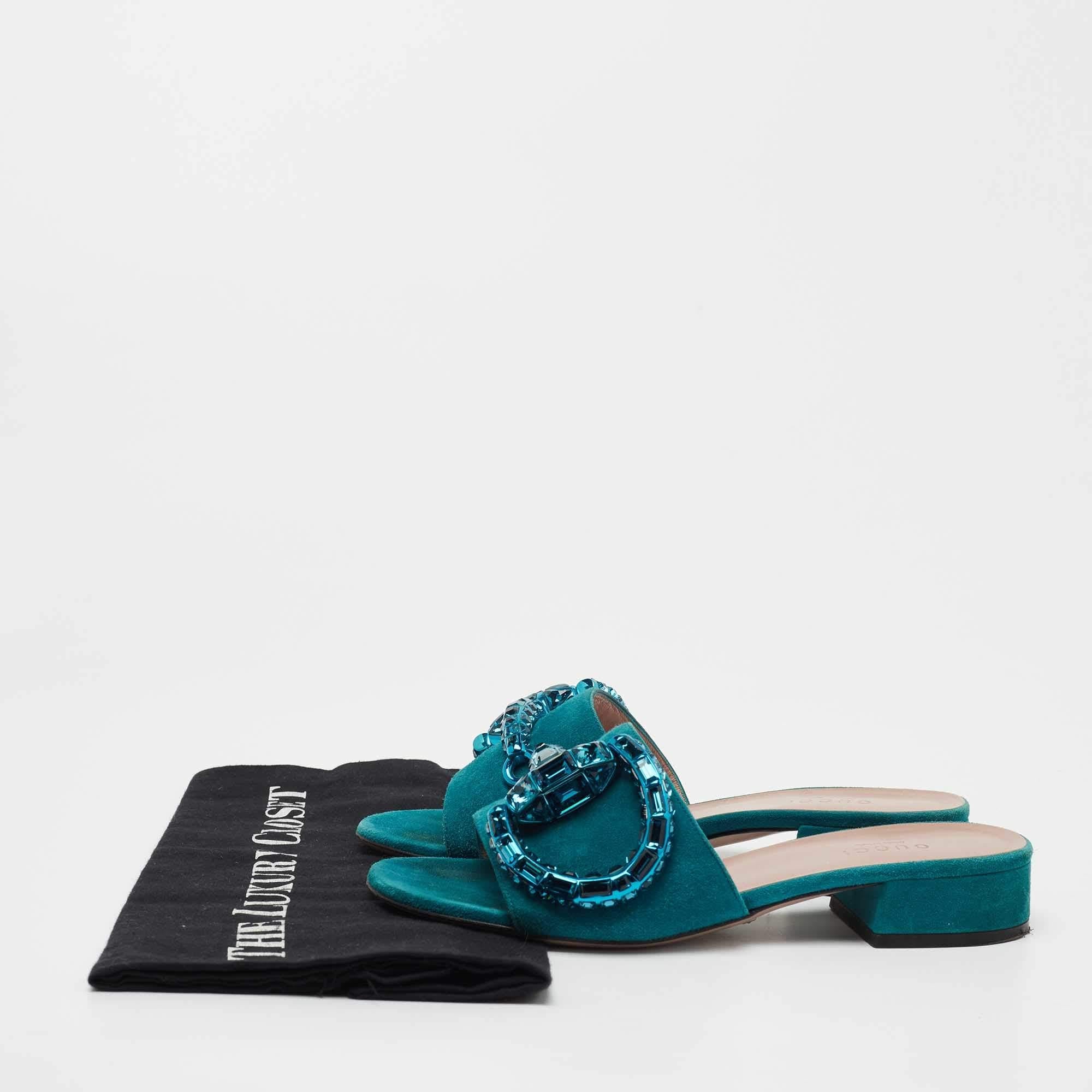 Gucci Teal Suede Maxime Crystal Horsebit Slide Sandals Size 35 5