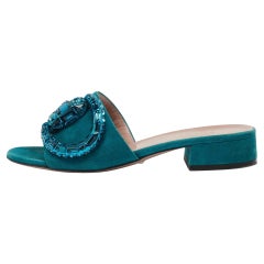Gucci Teal Suede Maxime Crystal Horsebit Slide Sandals Size 35