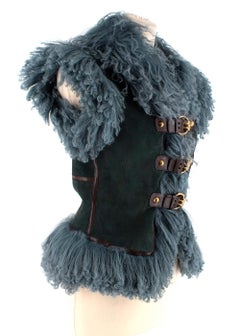 Gucci Teal Suede & Shearling Buckled Sleeveless Jacket US4