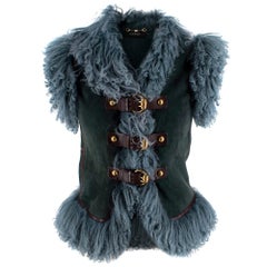 Gucci Teal Suede & Shearling Buckled Sleeveless Jacket US4