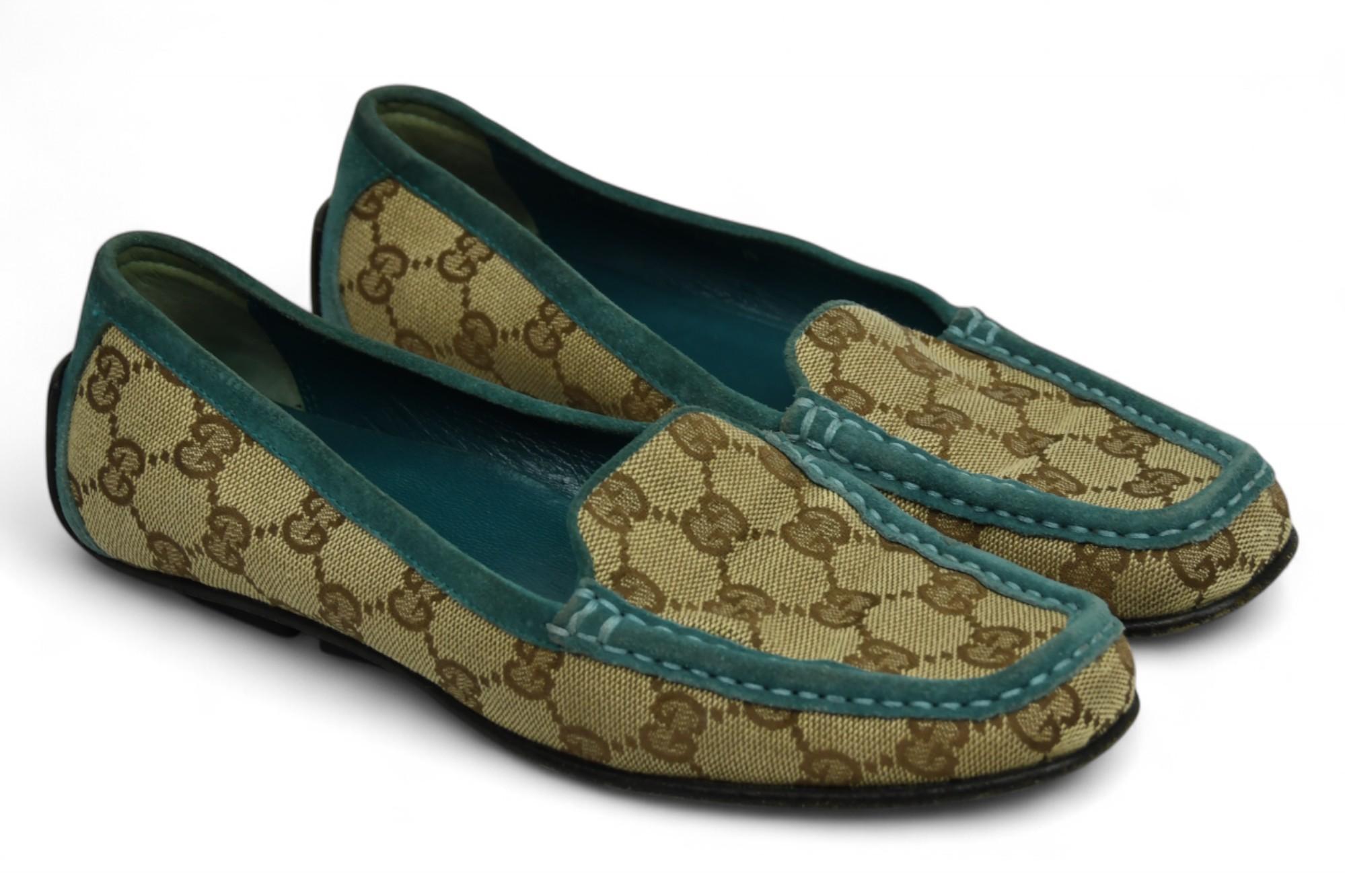 Gray Gucci Teal Trim Monogram Loafers  Size 6.5 US For Sale