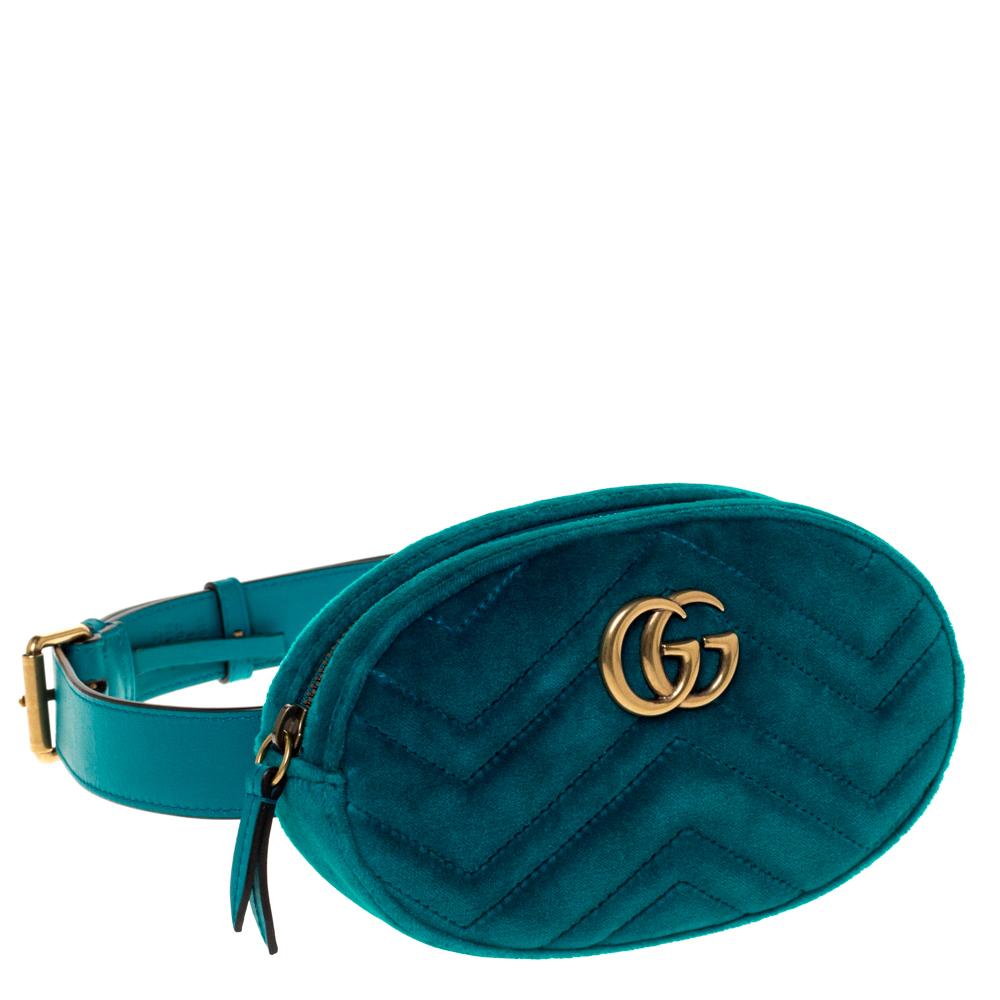 Blue Gucci Teal Velvet GG Marmont Belt Bag