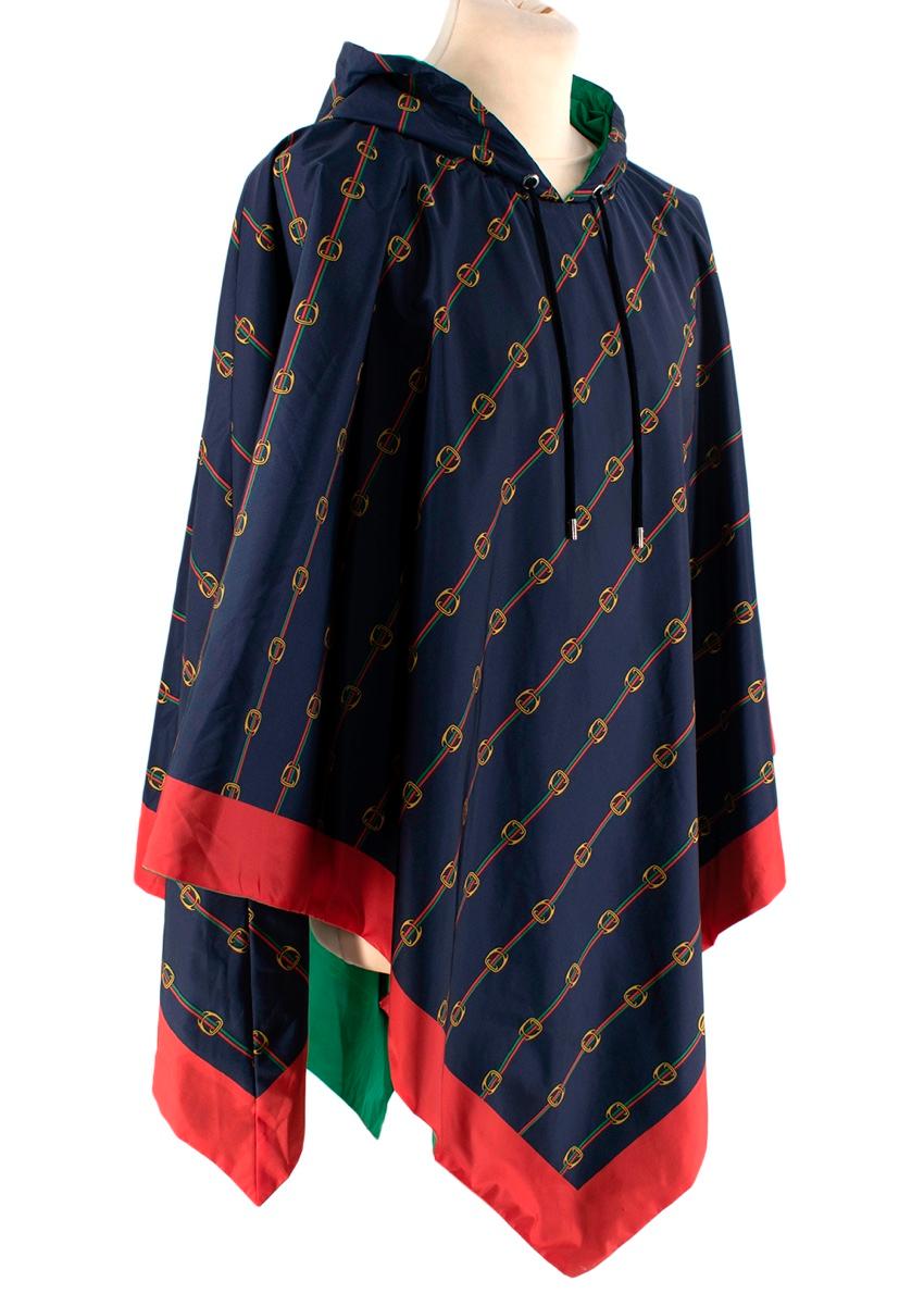 Gucci Techno Stirrup Nylon Hooded Rain Cape
 

 - Fun take on the function rain cape, rendered in a lightweight showerproof nylon with all-over stirrup print and red & green stripe reminiscent of the signature web
 - Slip-on, with handkerchief