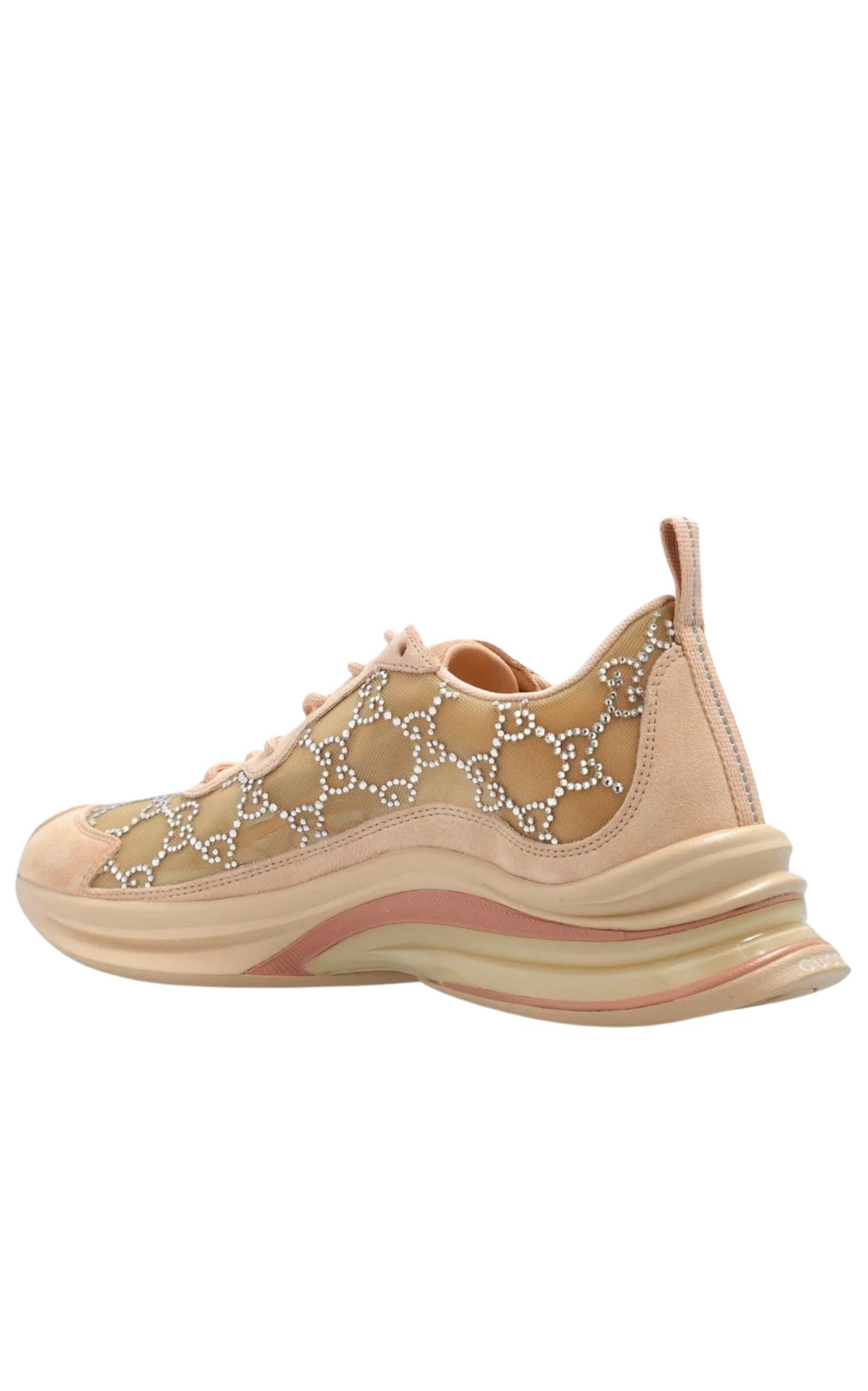 Beige Gucci Tela GG Crystal Mesh Runner Sneakers 38 For Sale