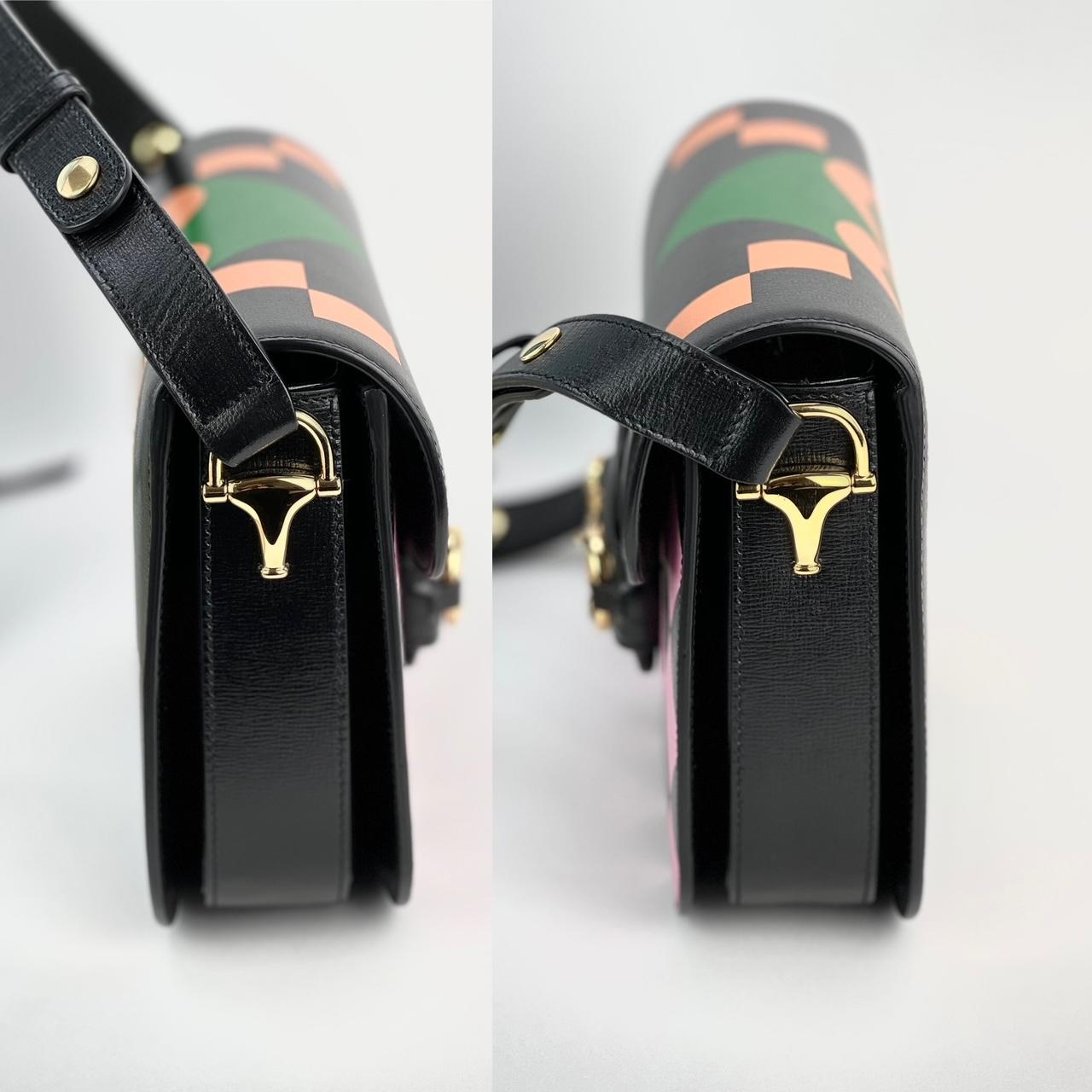 Gucci Textured Calfskin Horsebit 1955  Black Multicolor Shoulder Bag For Sale 6