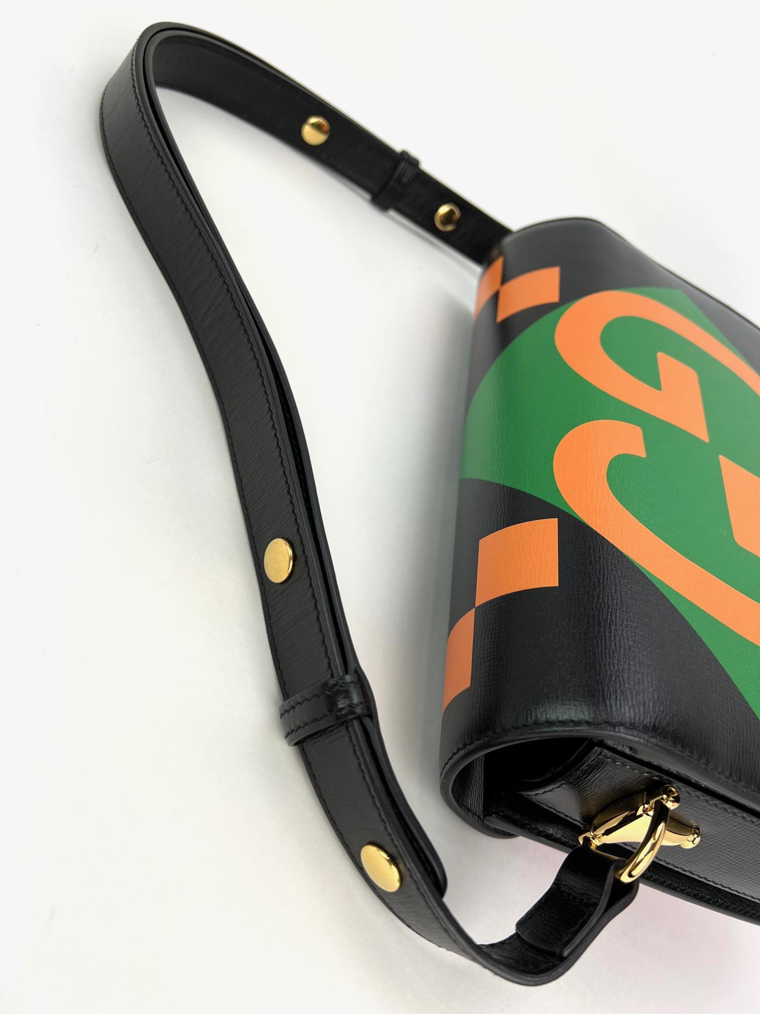 Preowned100% Authentic
Gucci Textured Calfskin Horsebit 1955 
Black Multicolor Shoulder Bag
RATING: A...excellent, near mint, has little 
to no signs of wear
MATERIAL: calfskin
STRAP: adjustable black leather, has some wrinkles 
DROP: 10 in to 18 in