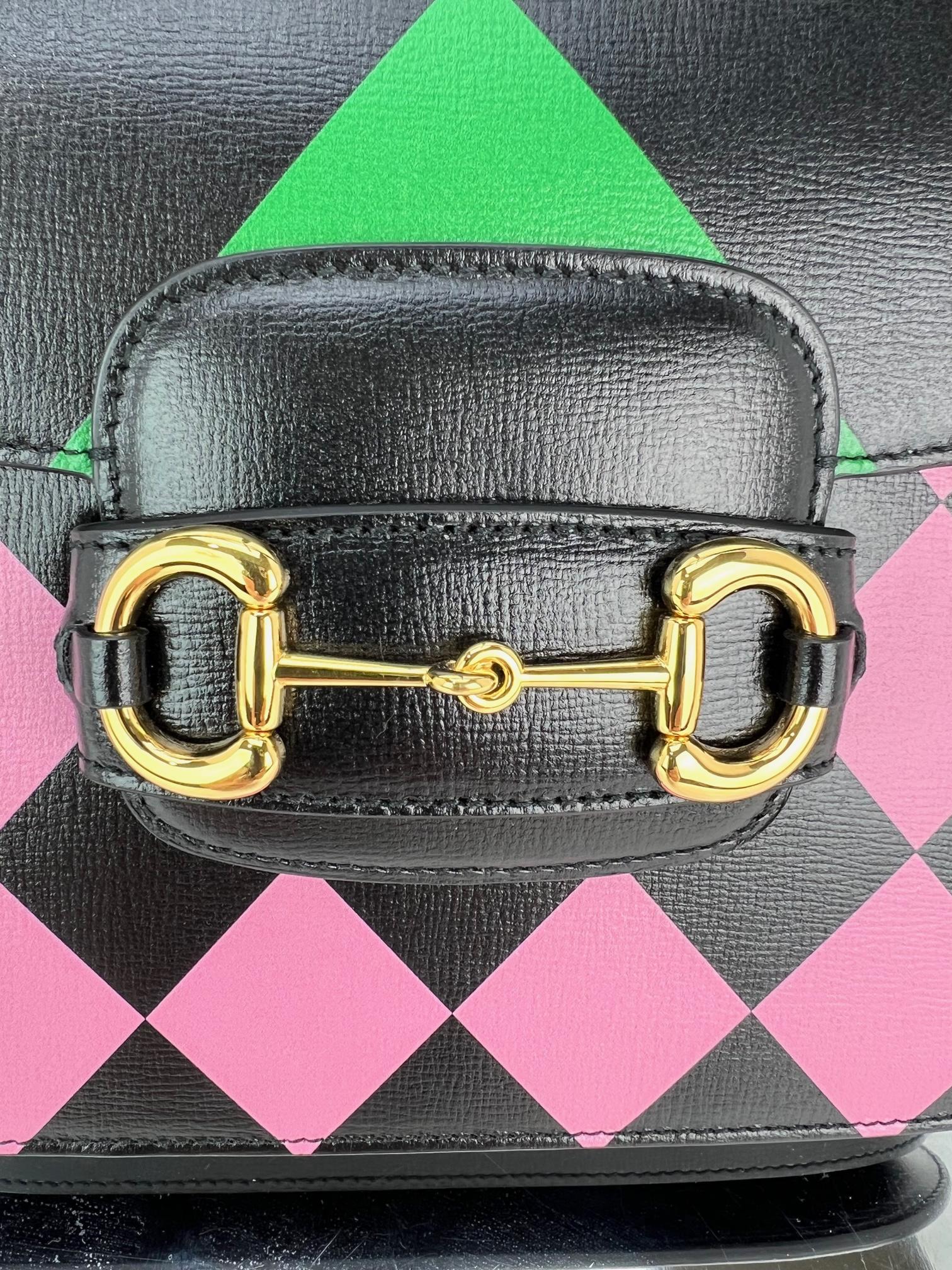 Gucci Textured Calfskin Horsebit 1955  Black Multicolor Shoulder Bag For Sale 3