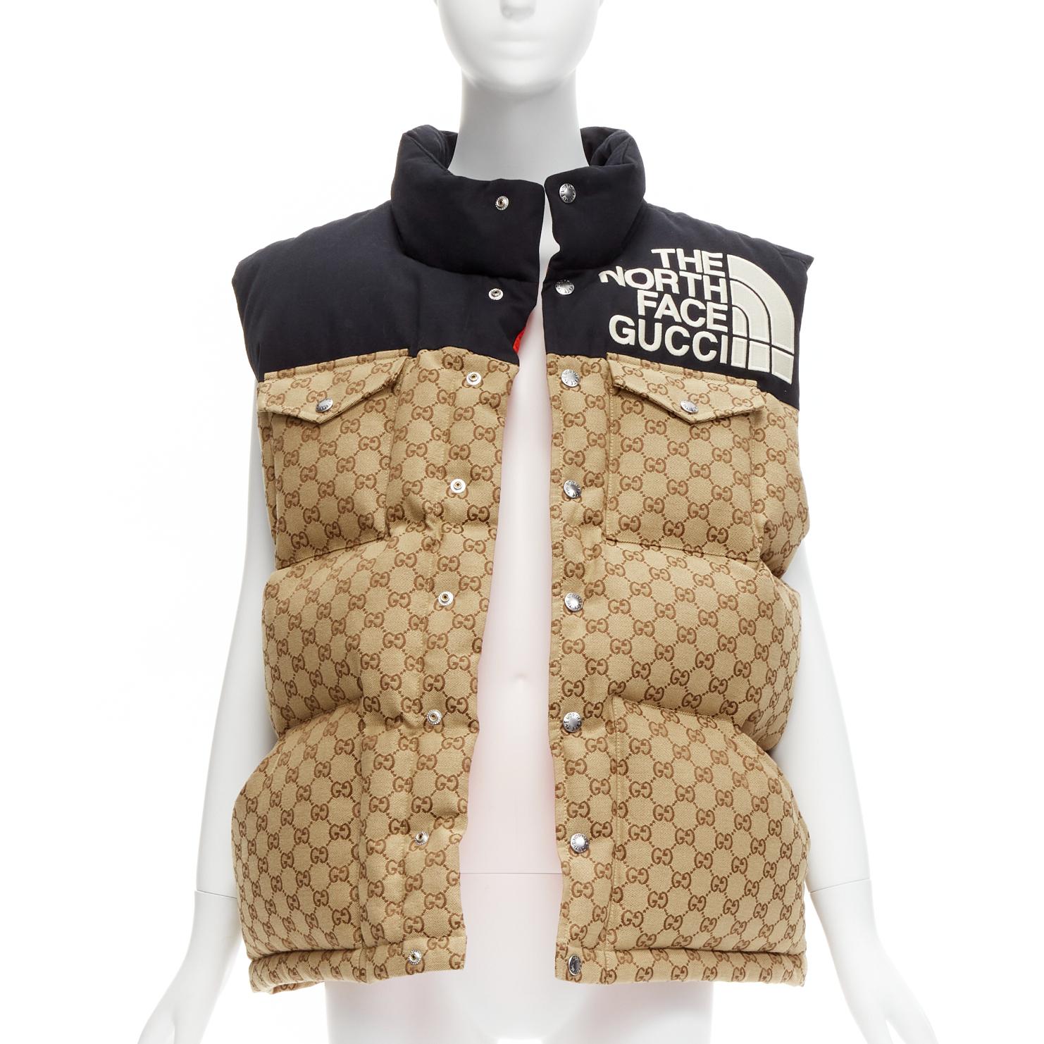 Beige GUCCI THE NORTH FACE black beige big logo GG monogram padded vest jacket IT40 S For Sale