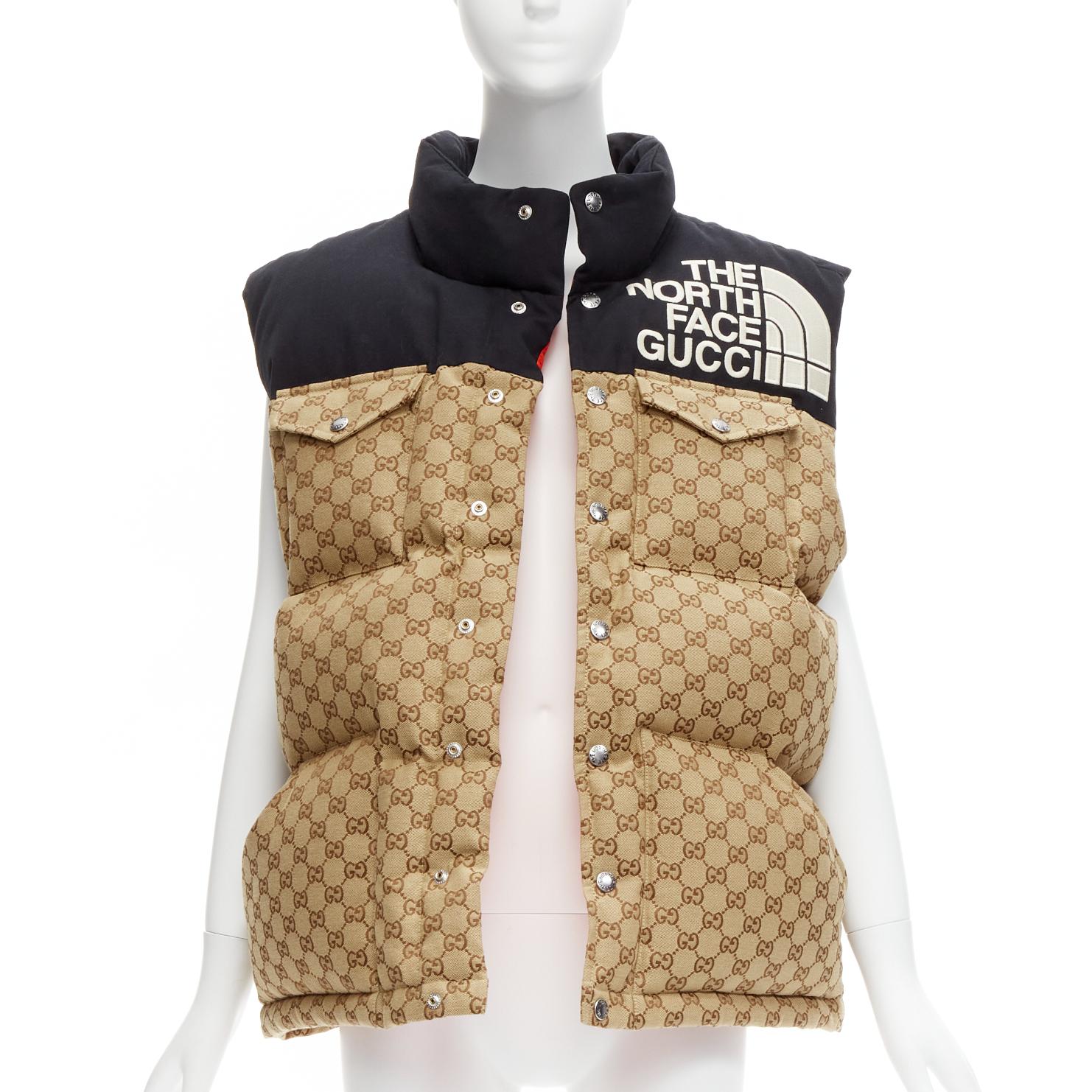 GUCCI THE NORTH FACE noir beige grand logo GG monogramme veste de gilet matelassée IT40 S Neuf - En vente à Hong Kong, NT