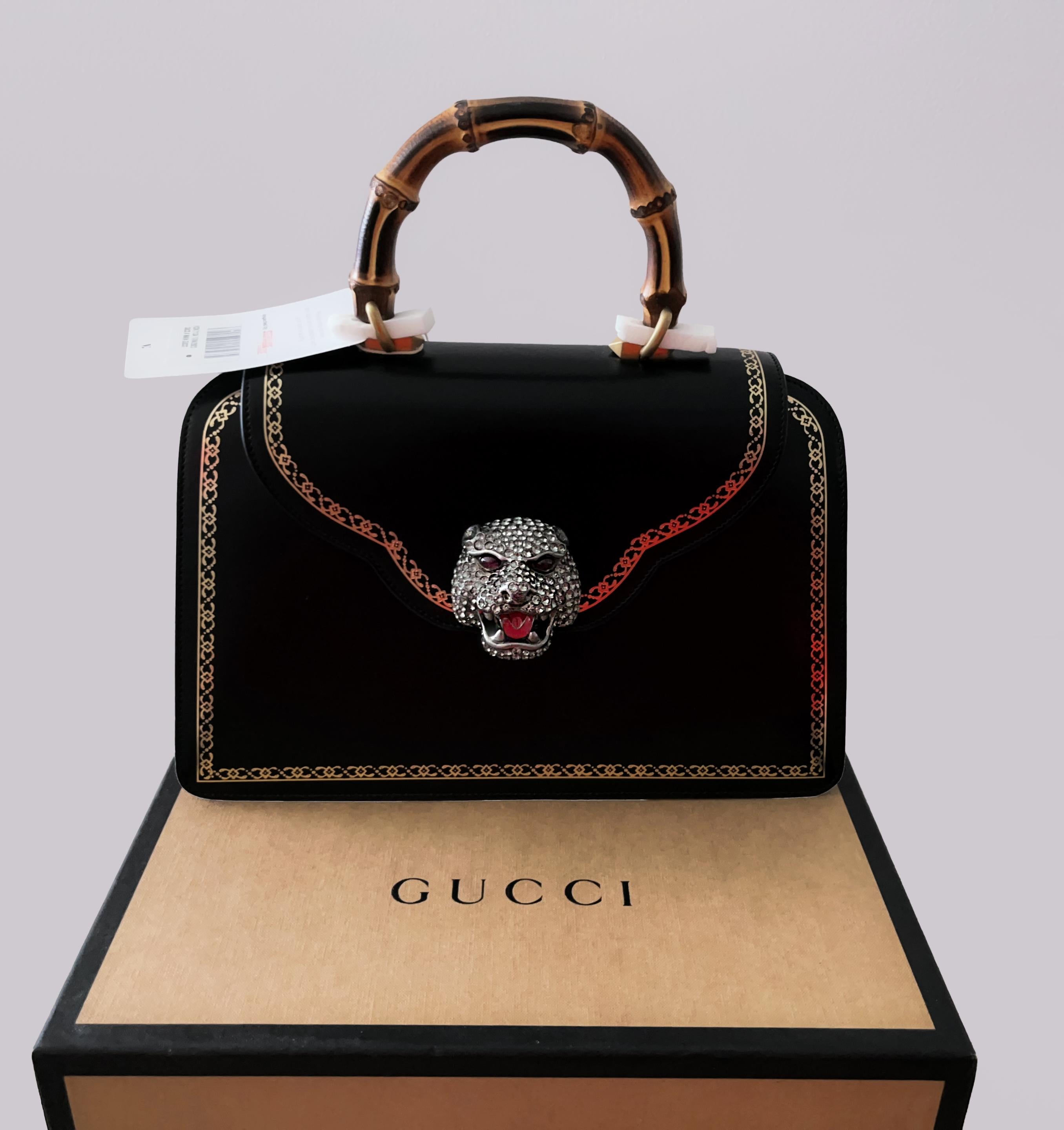 GUCCI 2018 Collection, Alessandro Michele
Black Bamboo Thiara Top Handle Bag,  unworn condition.
Comes with original packaging: GUCCI Box, dust bag, detachable gold metal chain.
Each Bamboo Classic comes with a pocket-sized edition of Jane Austen’s
