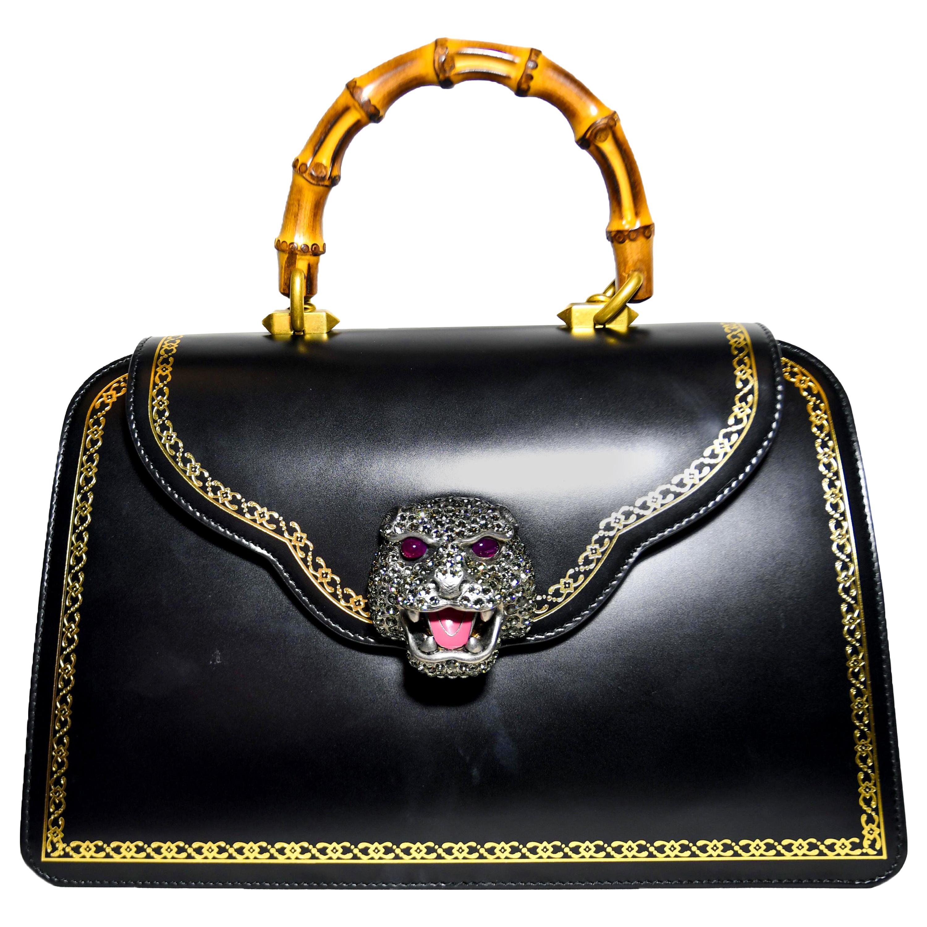 Gucci Thiara Calfskin Embellished Jaguar Bamboo Top Handle Bag