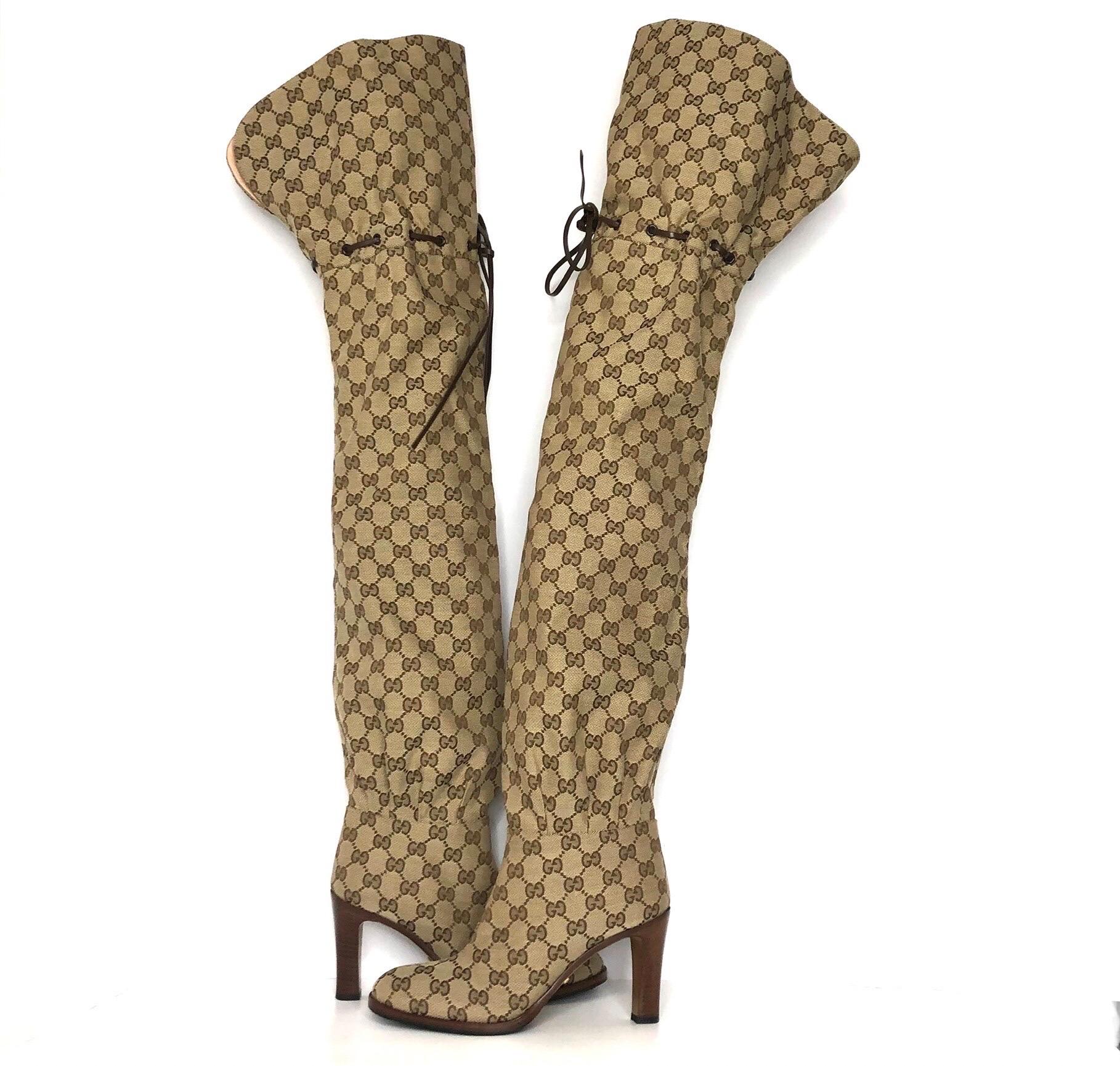 Brown Gucci Thigh High GG Monogram Slouch Heeled Boots 37