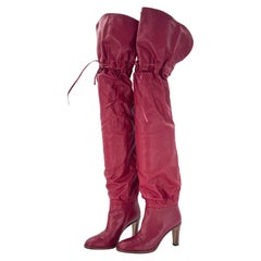 Gucci Thigh High Red Leather Slouch Drawstring Pull On Boots 37