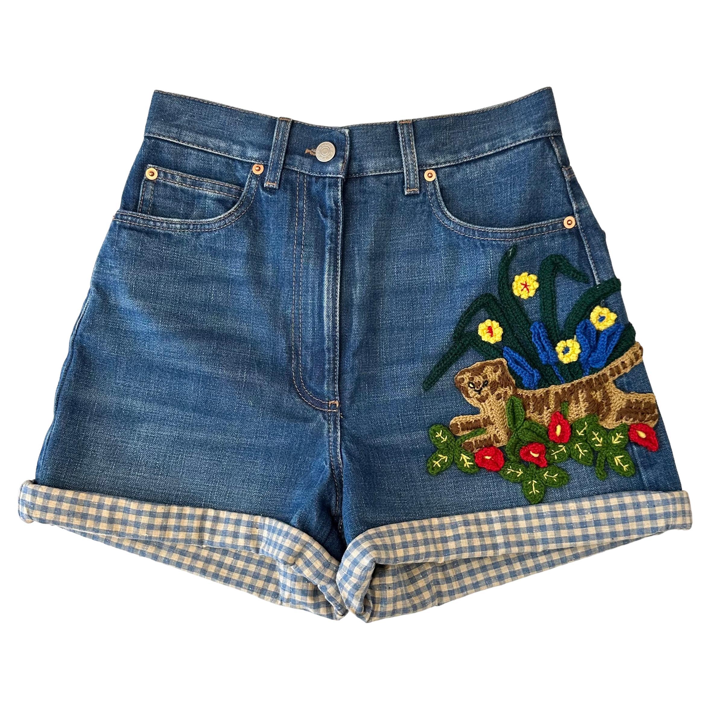 Gucci Tiger Denim Shorts with Embroidery For Sale