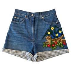 Used Gucci Tiger Denim Shorts with Embroidery