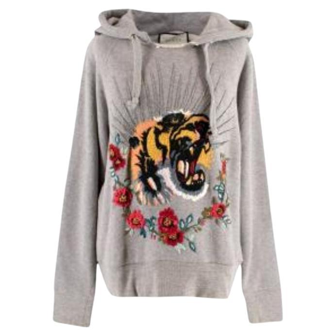 Gucci Tiger Embroidered Grey Cotton Hooded Sweatshirt For Sale at 1stDibs