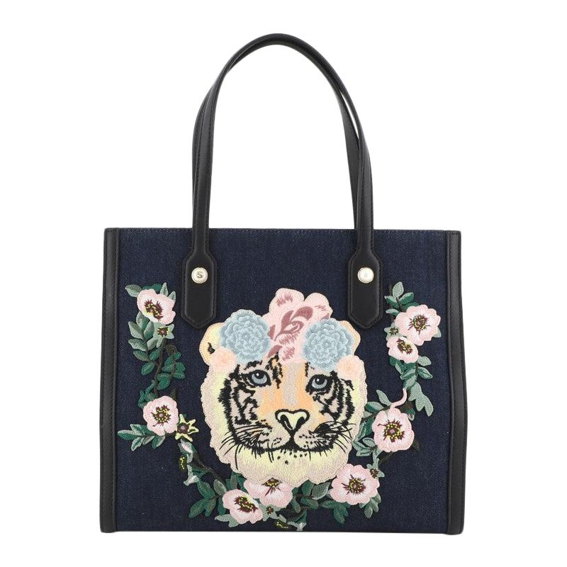 Gucci Tiger Pearl Tote Embroidered Denim Medium