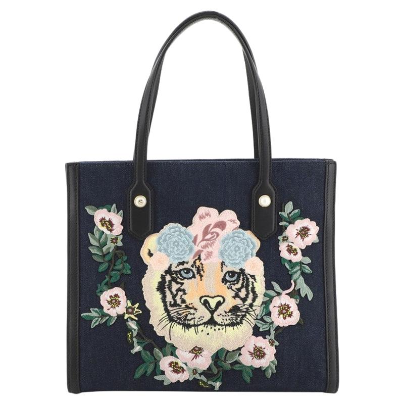 Gucci Tiger Pearl Tote Embroidered Denim Medium