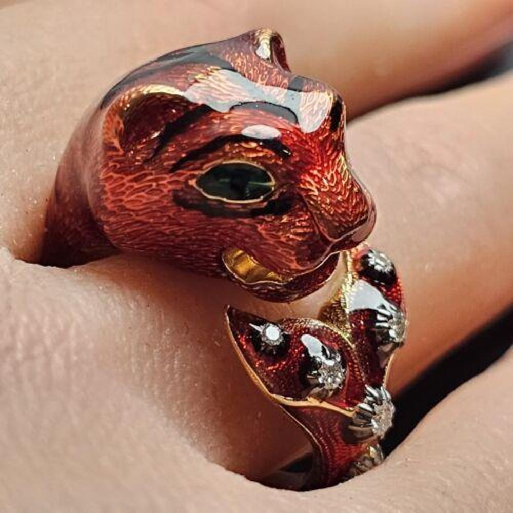 Gucci Tiger Ring Red Enamel Diamond  Le Marche Des Merveilles Sz 7 For Sale 9