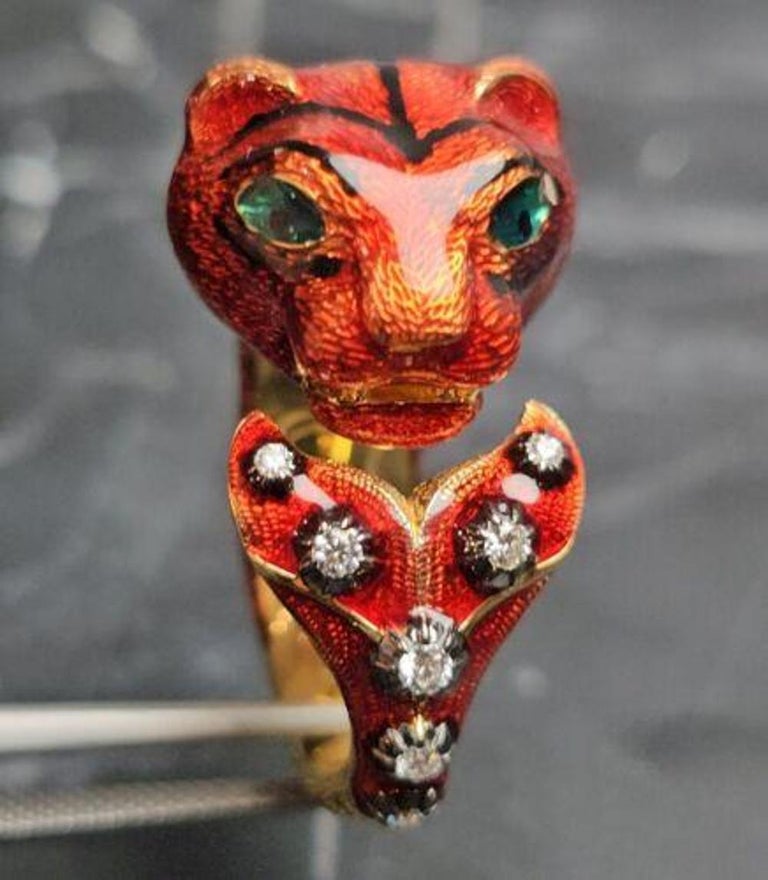 Gucci Tiger Ring Red Enamel Diamond Le Marche Des Merveilles Sz 7