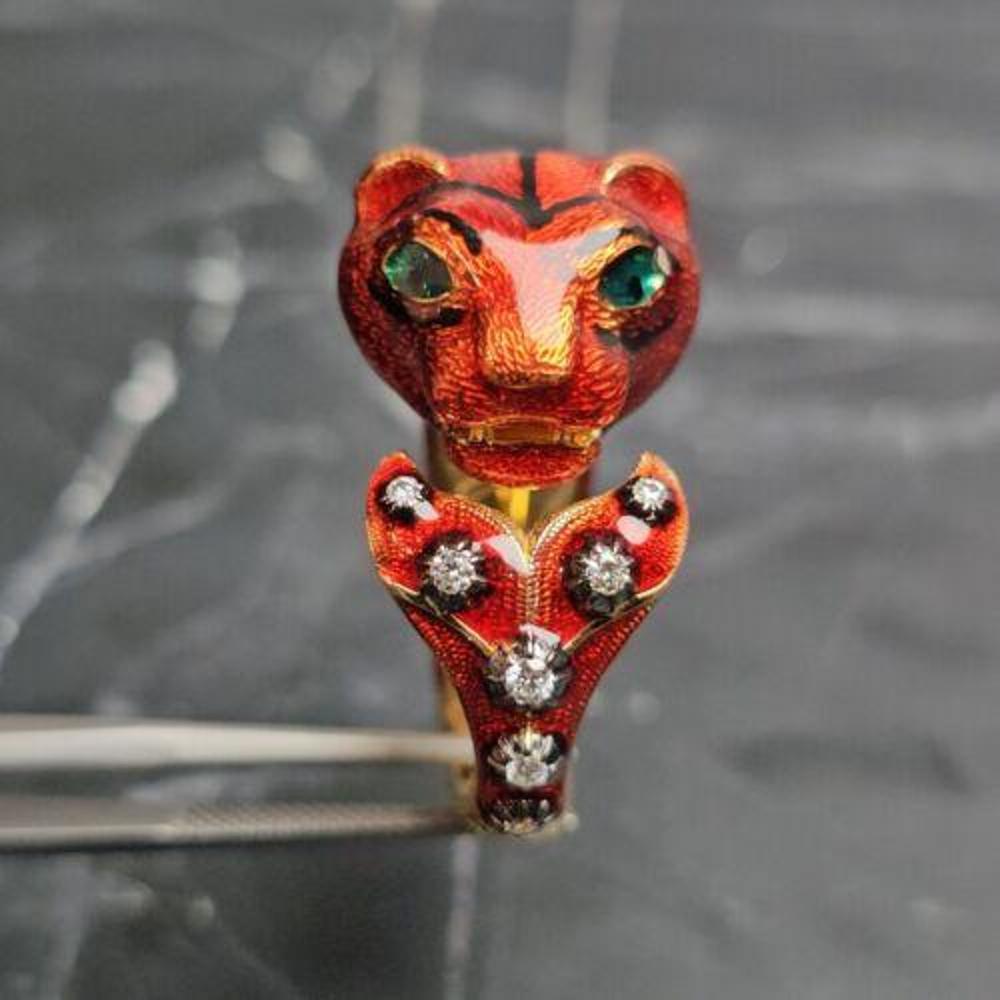 Gucci Tiger Ring Red Enamel Diamond  Le Marche Des Merveilles Sz 7 In Excellent Condition For Sale In Northbrook, IL