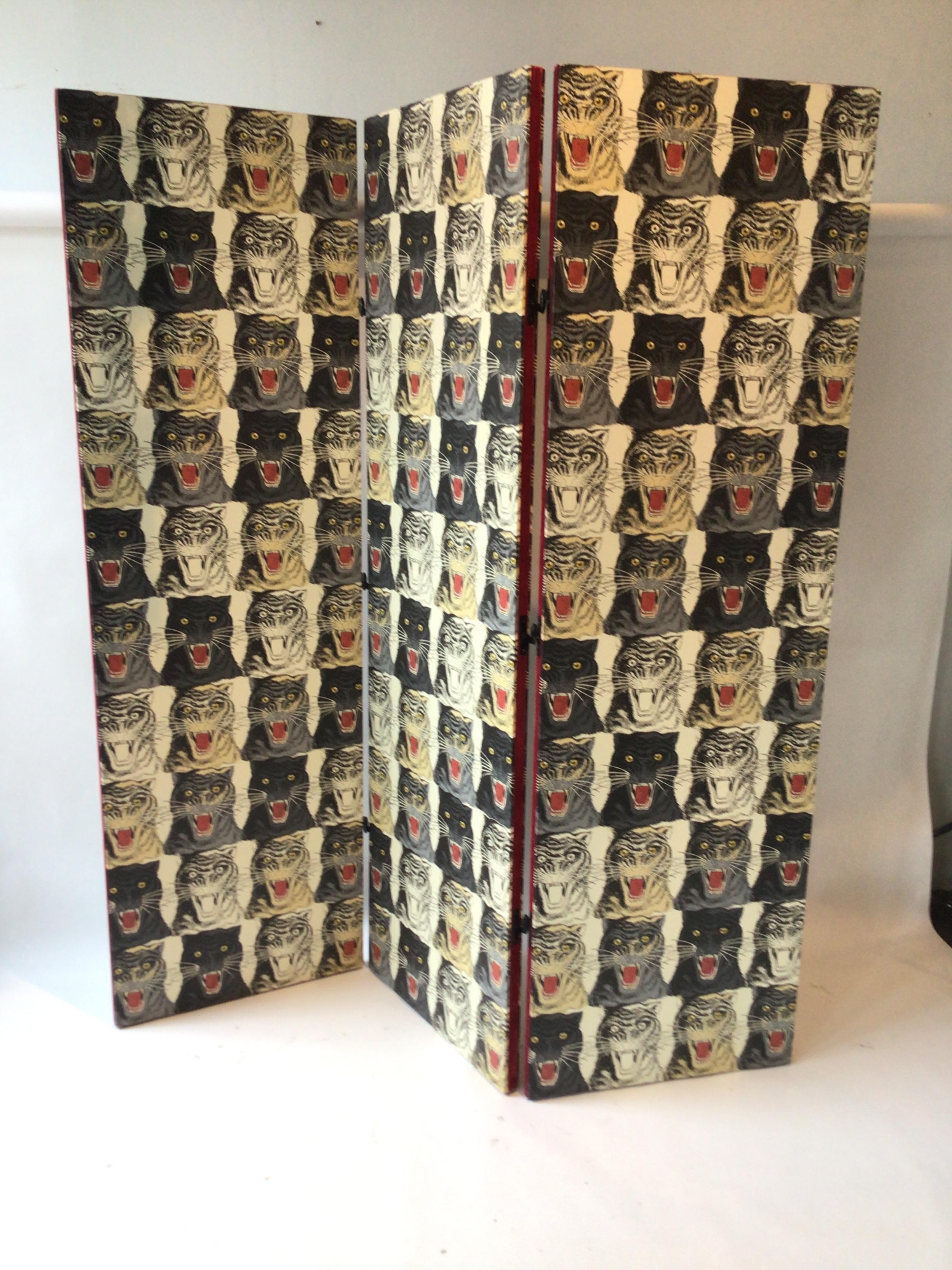 Custom made 3 panel screen covered in Gucci tiger wallpaper. Both sides of the screen are wallpapered. 
