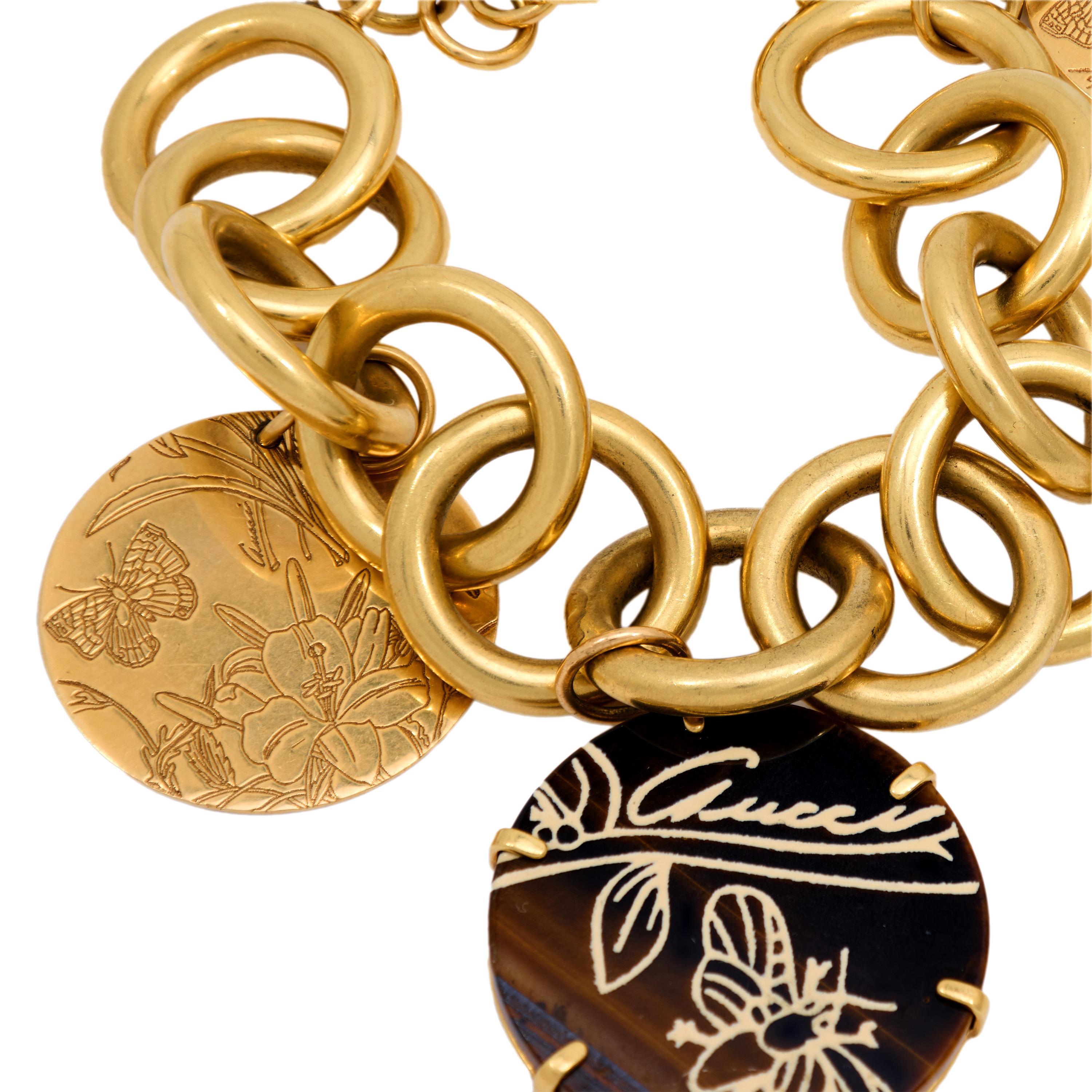 Gucci tiger's eye 18k yellow gold Flora St. Tropez bracelet In Good Condition For Sale In Beverly Hills, CA