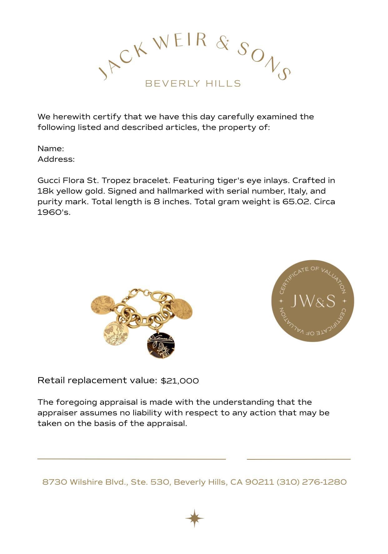 Women's Gucci tiger's eye 18k yellow gold Flora St. Tropez bracelet For Sale
