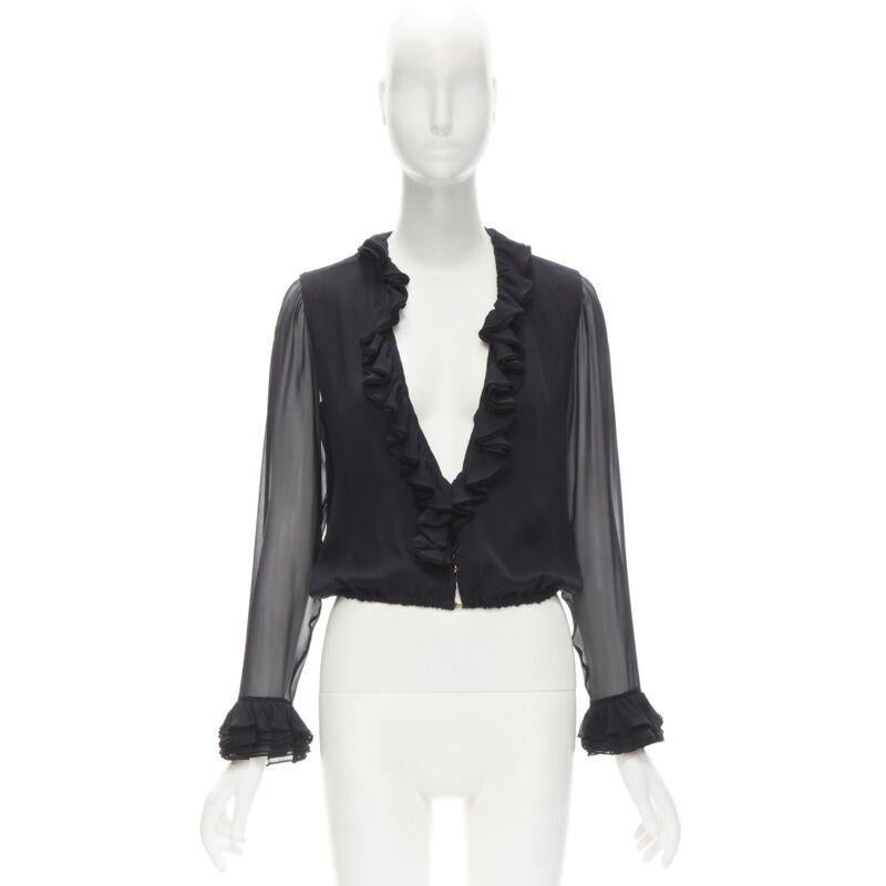 GUCCI TOM FORD 100% silk black ruffle trim plunge neck blouse IT38 XS 6