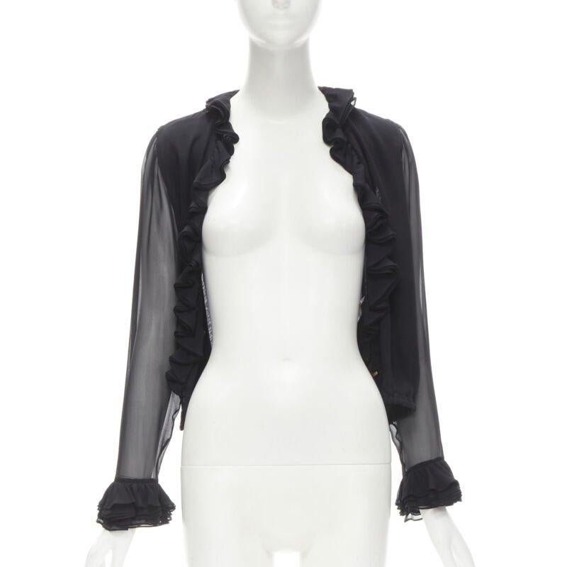 Black GUCCI TOM FORD 100% silk black ruffle trim plunge neck blouse IT38 XS