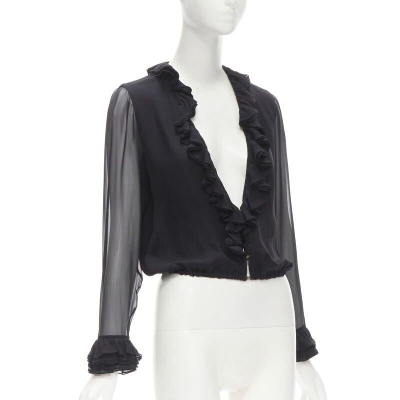 GUCCI TOM FORD 100% silk black ruffle trim plunge neck blouse IT38 XS In Excellent Condition In Hong Kong, NT