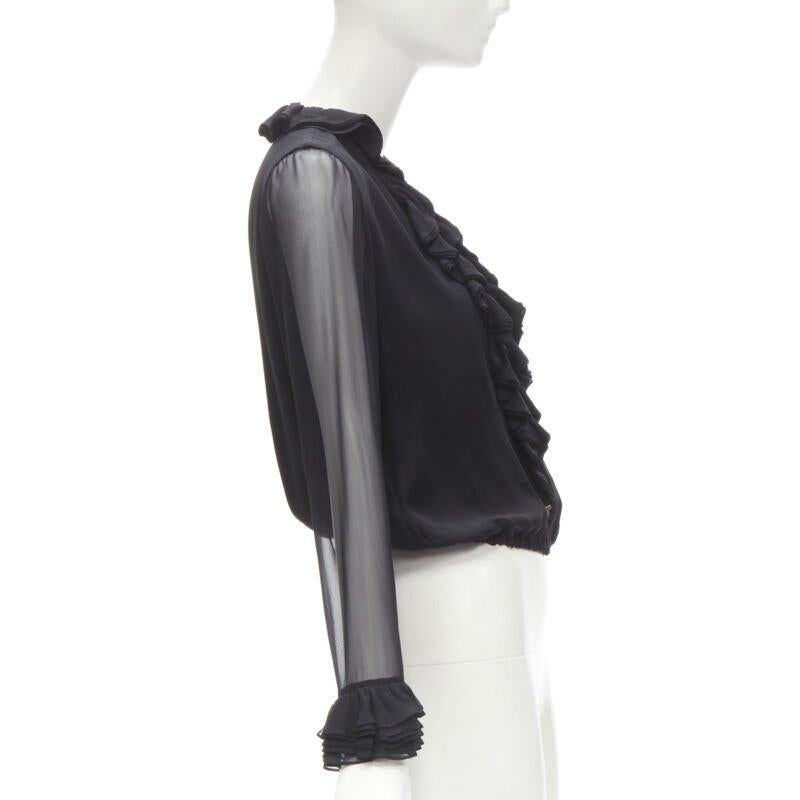 Women's GUCCI TOM FORD 100% silk black ruffle trim plunge neck blouse IT38 XS