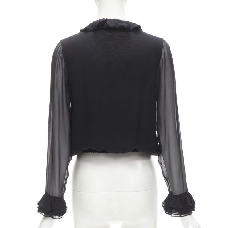 GUCCI TOM FORD 100% silk black ruffle trim plunge neck blouse IT38 XS 1