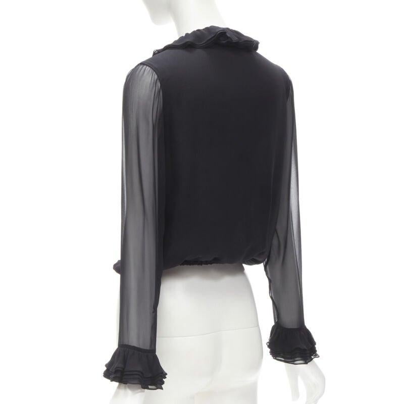 GUCCI TOM FORD 100% silk black ruffle trim plunge neck blouse IT38 XS 2